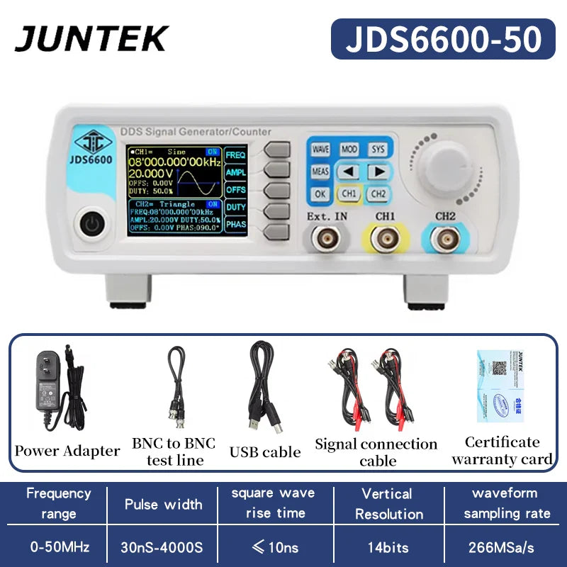 White juntek jds6600-50 dds function signal generator with digital display showing waveform and frequency meter pulse ports