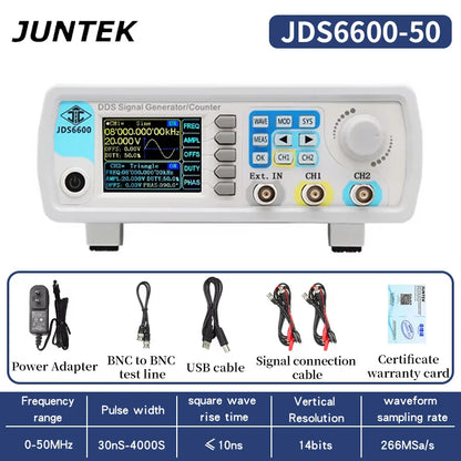 White juntek jds6600-50 dds function signal generator with digital display showing waveform and frequency meter pulse ports
