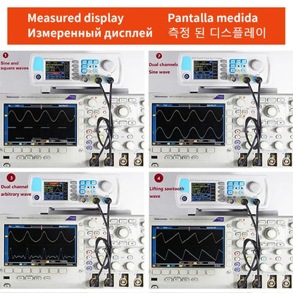 White tektronix oscilloscope with blue-lit display showing waveform patterns for 60mhz dds function frequency meter pulse and arbitrary waveform usb
