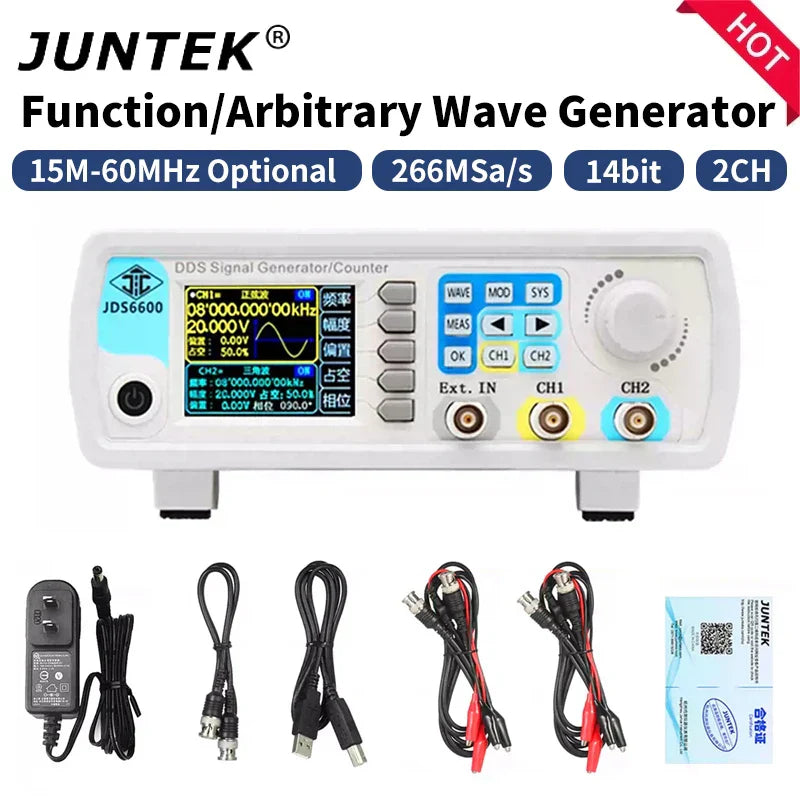White juntek jds6600 2-channel signal generator with digital display multiple ports and 60mhz dds function arbitrary waveform usb frequency meter pulse