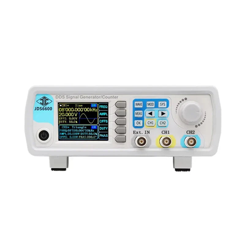 White jds6600 dds signal generator with 60mhz dds function, digital display, blue buttons, and frequency meter pulse features