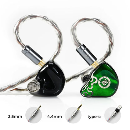 Black and green heart-shaped juzear x z defiant in-ear monitors with silver braided cables and replaceable plugs cable