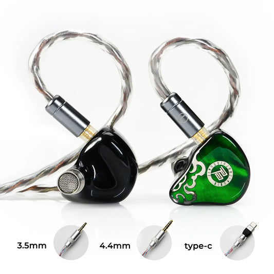 Black and green heart-shaped juzear x z defiant in-ear monitors with silver braided cables and replaceable plugs cable