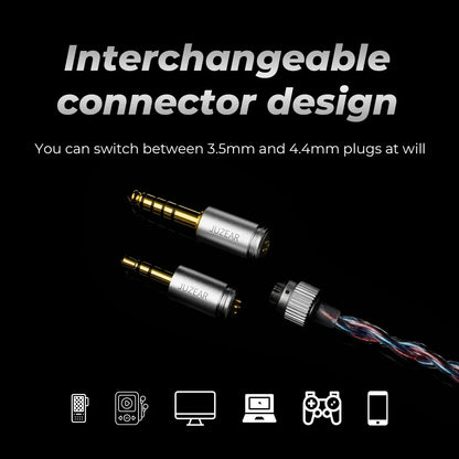 Juzear replaceable plugs cable with 3.5mm and 4.4mm gold-tipped dynamic driver connectors and braided fully damped acoustic cord