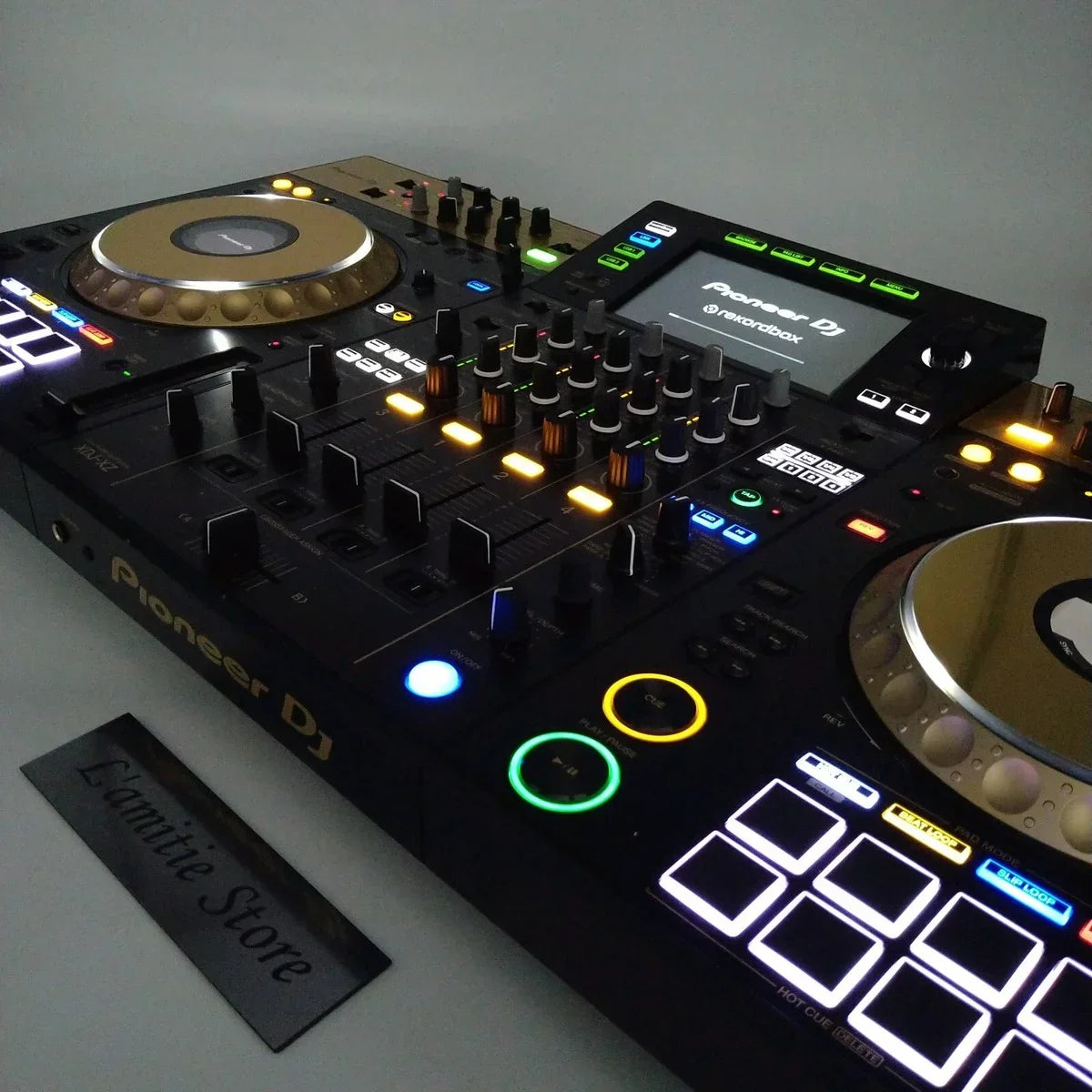 Black pioneer dj xdj-xz controller with gold jog wheels and multicolor illuminated buttons from beat music store hot selling pioneer
