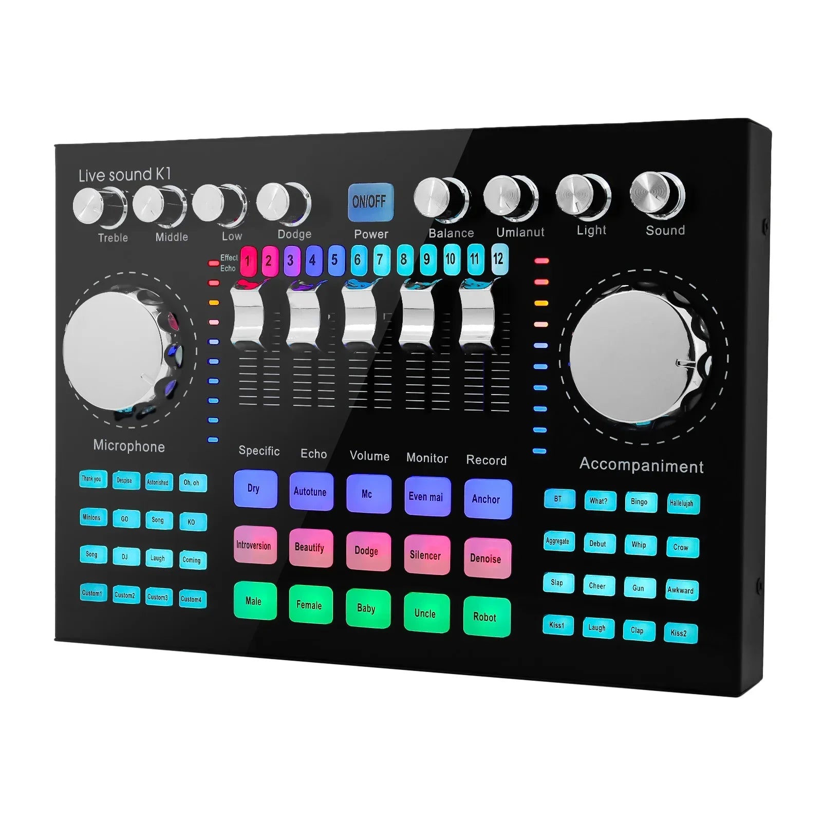 Black k1 live sound card mixing console with silver knobs and led-lit buttons for portable internet celebrity broadcast special sound