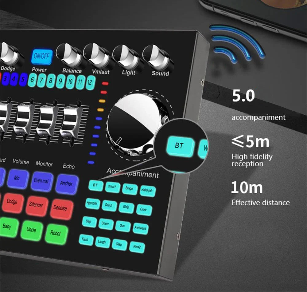 Black audio mixing console with silver knobs and colorful illuminated buttons for live sound card broadcast use