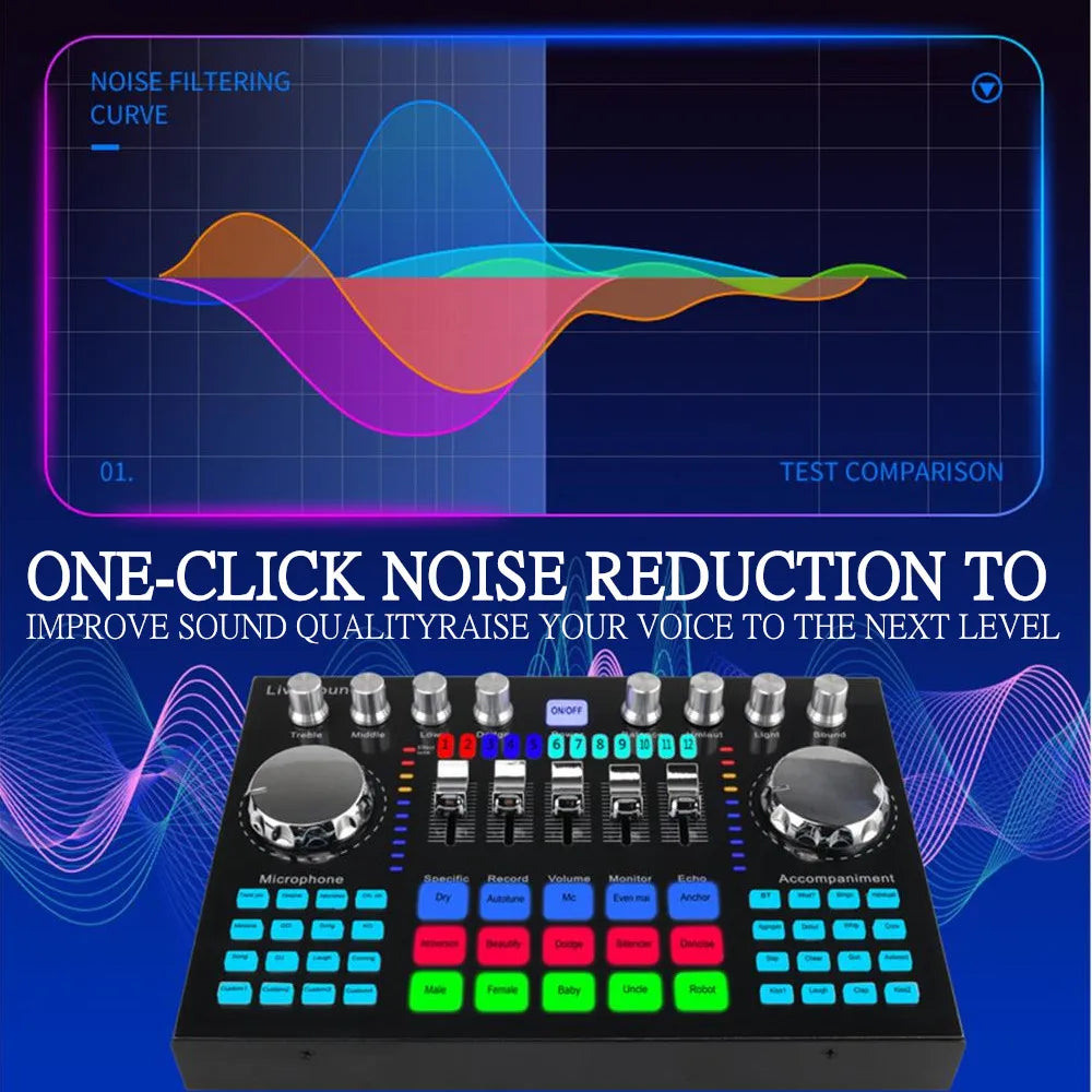 Black live sound card with silver knobs and colorful illuminated buttons for portable internet celebrity noise reduction