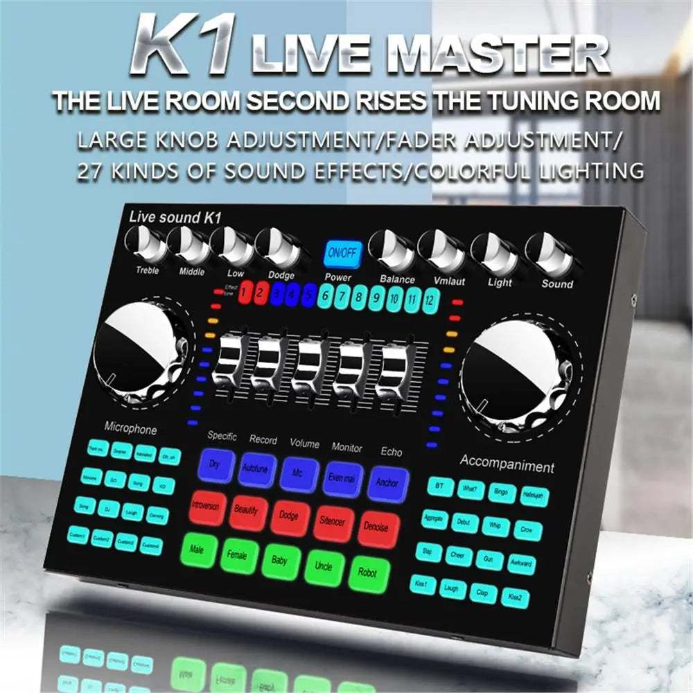 Black k1 live sound card audio mixing console with silver knobs and colorful led buttons for portable internet celebrity broadcast special sound