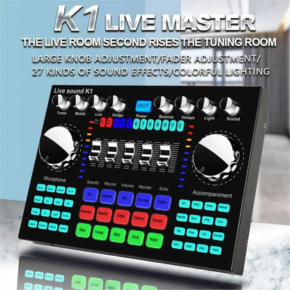 Black k1 live sound card with silver knobs and colorful led buttons portable internet celebrity special sound equipment