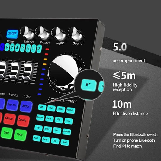 Black live sound card karaoke audio mixer with silver knobs and colorful illuminated buttons for voice changer karaoke use