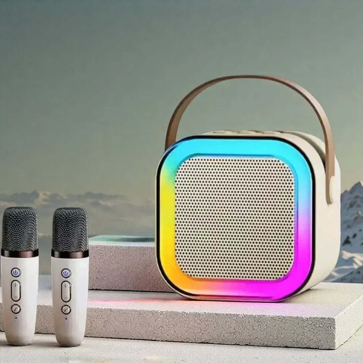White k12 bluetooth portable speaker with wooden handle and rainbow led lighting for karaoke microphone use