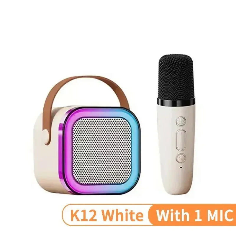 White k12 portable speaker with rainbow metallic trim and leather handle paired with white wireless microphone for audio home ktv and ktv kid gifts with rgb lights audio