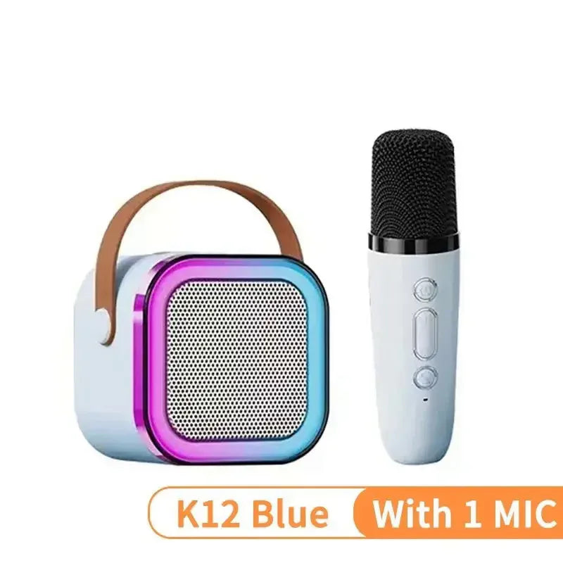 The k12 karaoke machine with rgb lights audio features a purple to blue gradient and brown leather handle for audio home ktv and ktv kid gifts