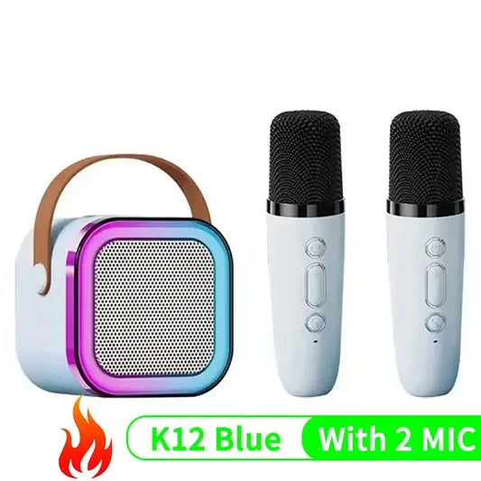 White and rainbow-colored k12 portable bluetooth speaker with brown leather handle featuring rgb lights audio for home ktv and ktv kid gifts