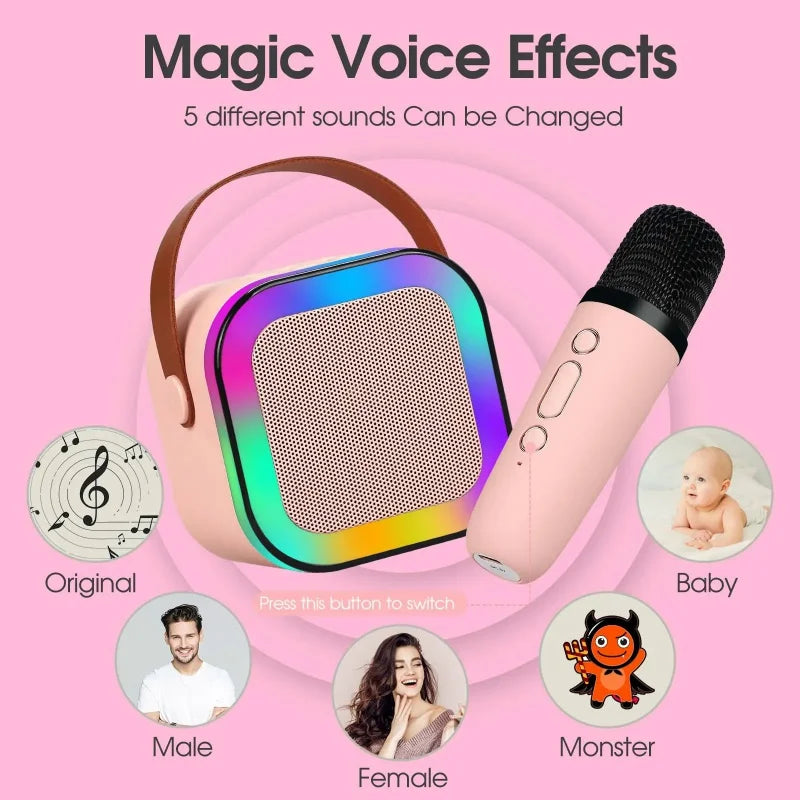 Pink wireless karaoke microphone with black mesh grille and matching pink speaker with rgb lights audio for audio home ktv and ktv kid gifts