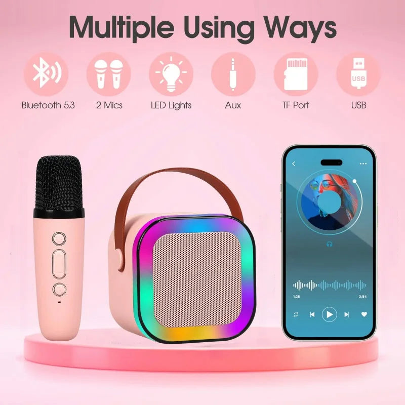 Pink wireless microphone with black mesh grille and silver buttons for ktv kid gifts in rgb lights audio home system