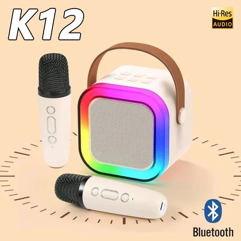 White square k12 karaoke machine portable bluetooth speaker with brown leather handle and rgb lights audio home ktv features