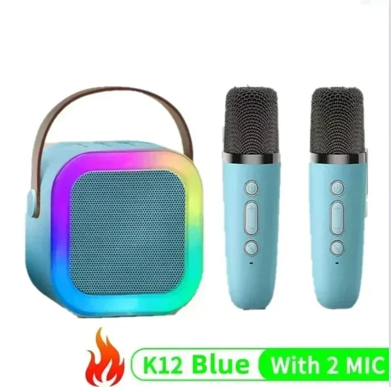 Light blue k12 karaoke machine with brown handle and wireless rgb lights paired with two matching microphones gift set
