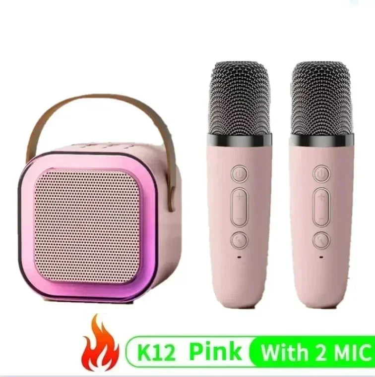 Pink k12 karaoke machine with wireless rgb lights and two pink wireless microphones for party and birthday use