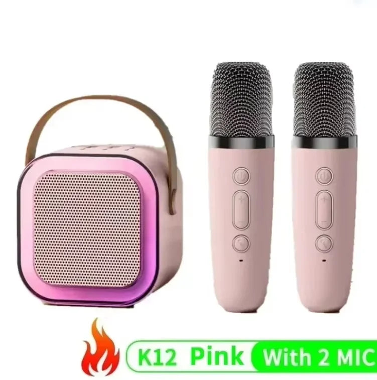 Pink k12 karaoke machine with leather handle wireless rgb lights and matching wireless microphones home party speaker set
