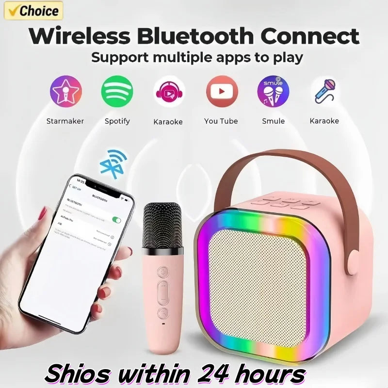 Pink k12 karaoke machine wireless rgb lights speaker with rainbow led lighting and brown carrying handle for party use