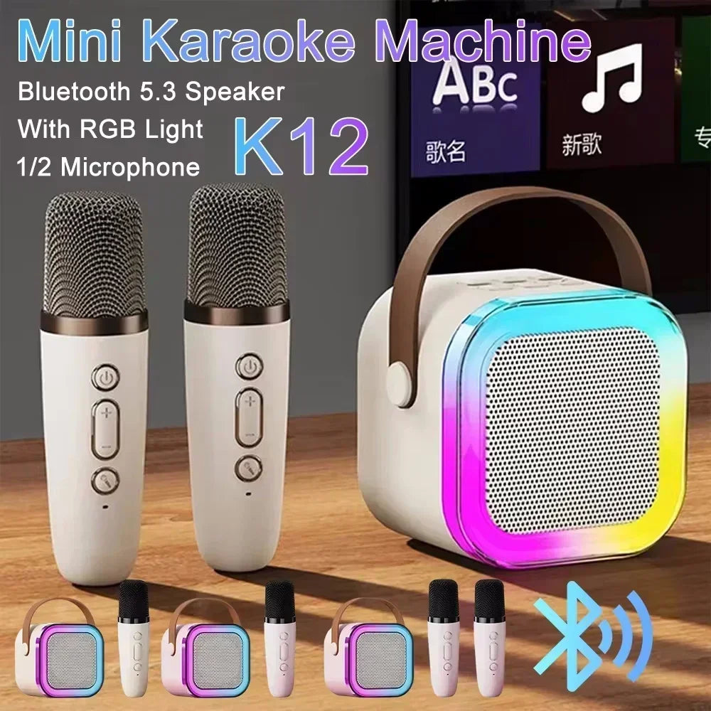 White and brown k12 karaoke machine with bluetooth 5.3, wireless rgb lights, and carrying handle for parties and birthdays