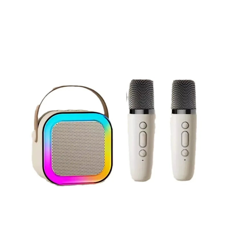 White k12 portable karaoke speaker with microphones rgb led lights bass long battery and carrying handle for family use