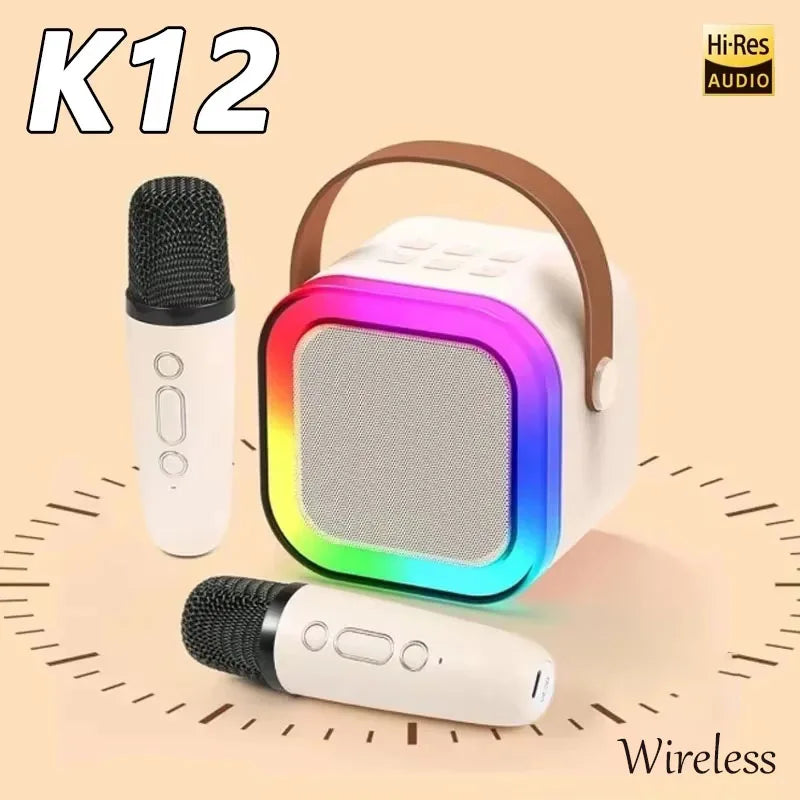 White square portable k12 wireless karaoke machine with brown leather handle rainbow led child rgb light kids xmas gifts