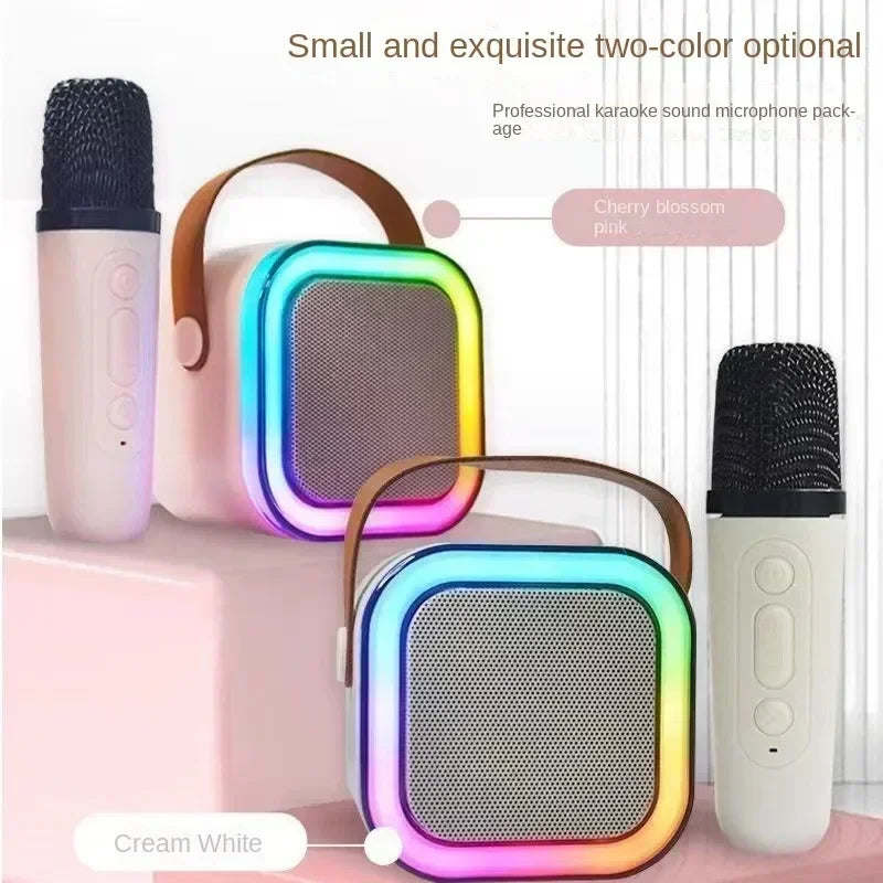 Cherry blossom pink and cream white k12 wireless ktv portable bluetooth speaker with dual microphones and rainbow led lighting accents
