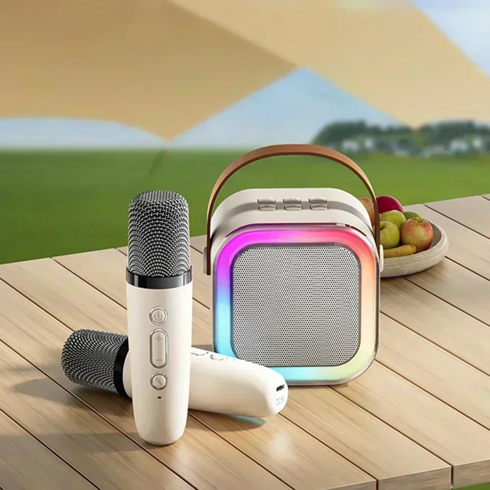 White portable k12 wireless ktv speaker with brown leather handle colorful led lighting and bluetooth sound integration