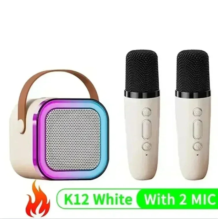 White k12 wireless ktv set with dual microphones featuring bluetooth sound integration and leather handle for karaoke use