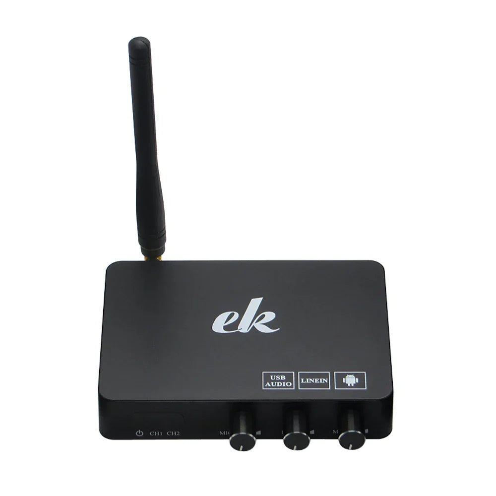 Black rectangular android tv box with silver ek branding and labeled usb audio line in and android ports for mini karaoke echo use