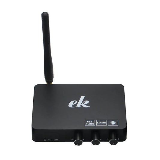 Black rectangular android tv box with silver ek branding and labeled ports for usb audio line in and android connectivity