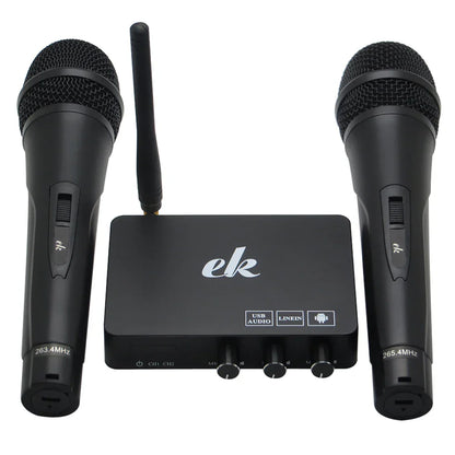 Black wireless microphone set with two handheld mics and central receiver with usb audio for android tv box karaoke echo mixer