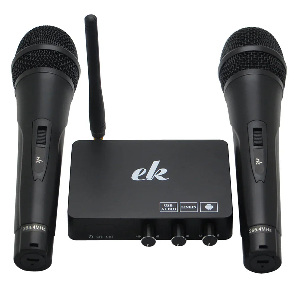 Black wireless microphone set with two handheld mics and receiver featuring usb and android tv box mini karaoke echo ports