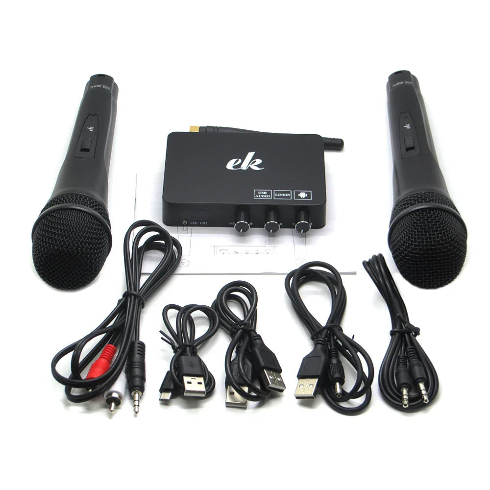 Black wireless microphone system with two handheld mics and receiver for home ktv mini digital sound audio mixer and android tv box