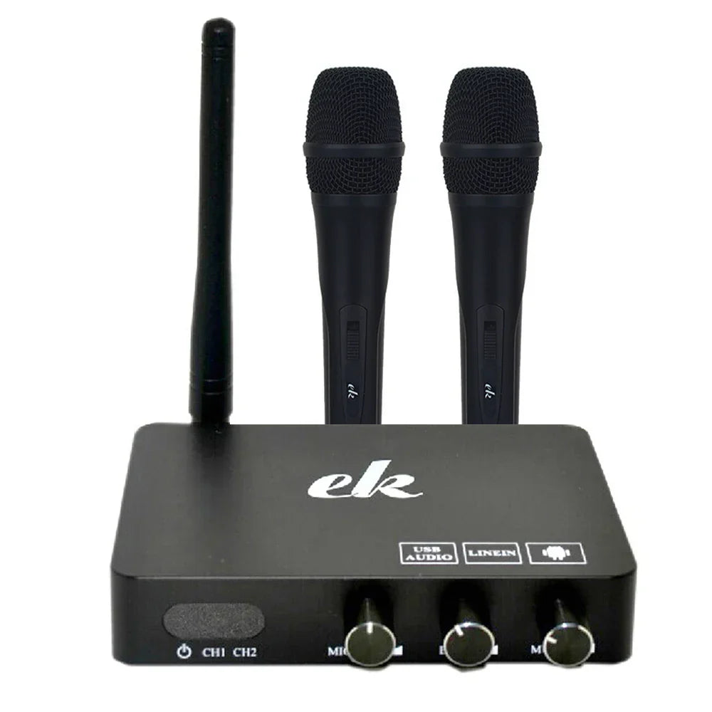 Black wireless microphone system with two handheld mics and receiver featuring usb and line-in ports for android tv box mini karaoke echo
