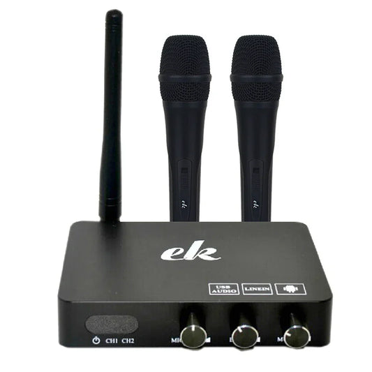 Black wireless microphone system with two handheld mics and receiver featuring usb and line-in ports for android tv box mini karaoke echo