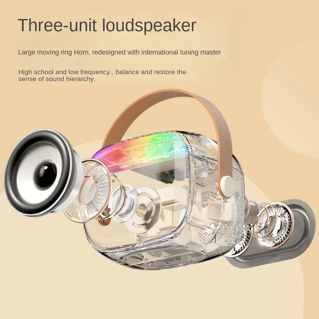 Transparent plastic k30 karaoke machine with rainbow led, three drivers, tan leather strap for family singing children’s gifts