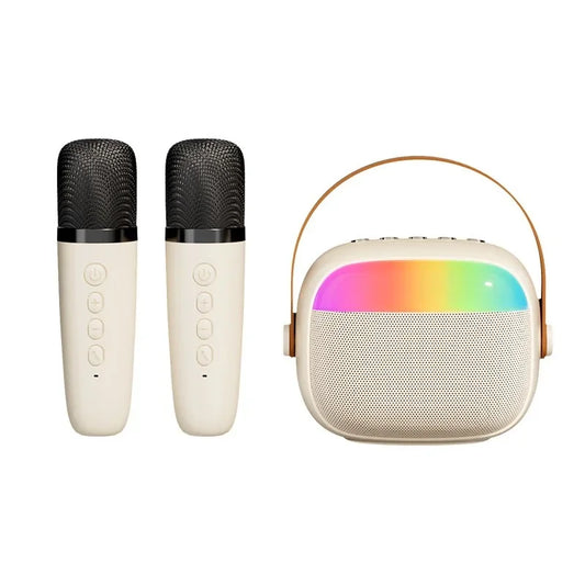 Cream-colored wireless microphones home k30 karaoke machine with black mesh grilles and rainbow led portable speaker