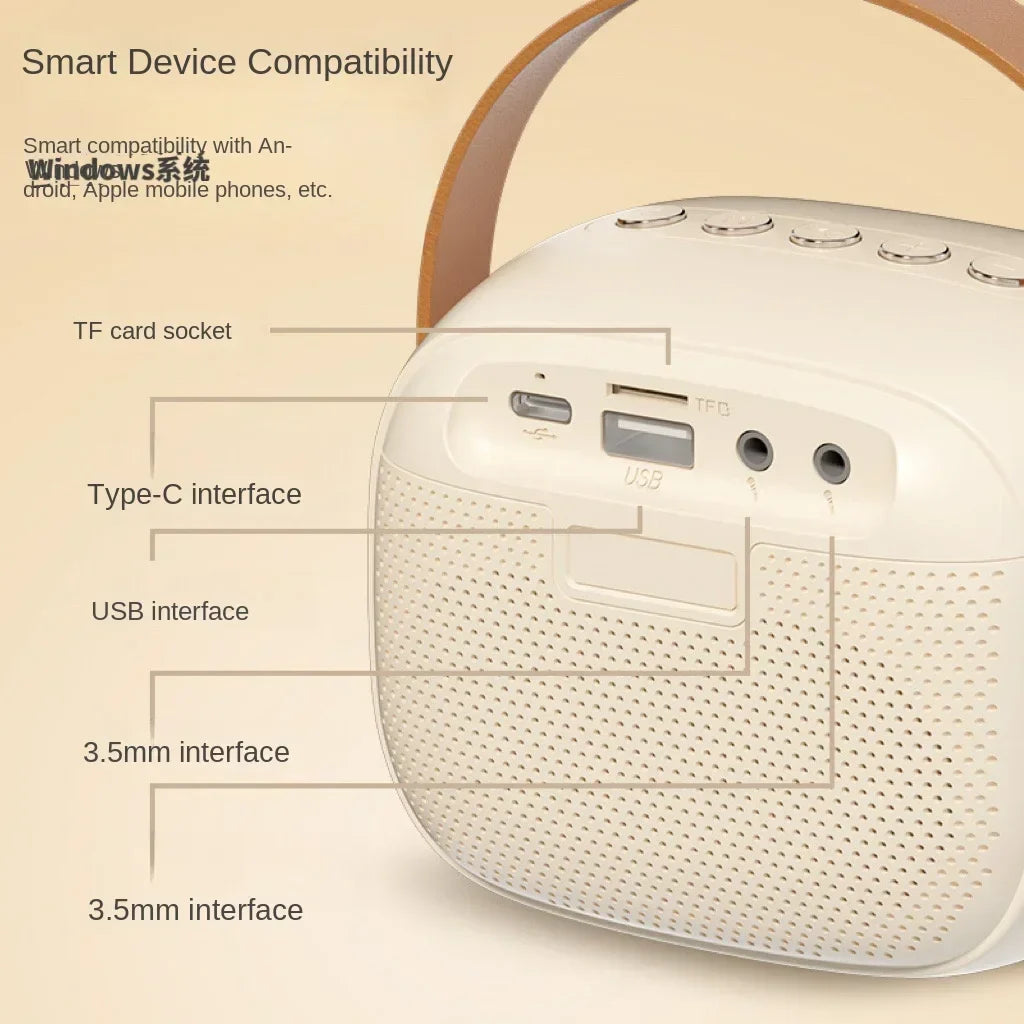 Cream-colored k30 karaoke machine portable bluetooth speaker with perforated grille usb and type-c ports for family singing children’s gifts with wireless microphones home use