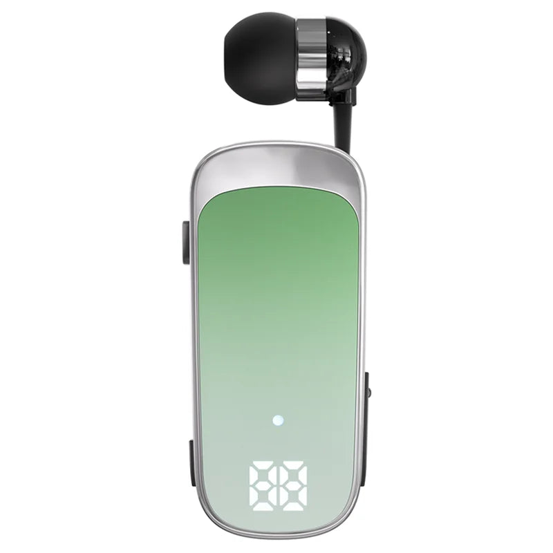 Silver-framed k65 lavalier business bluetooth earbud with led digital display and black silicone tip noice cancelling wireless