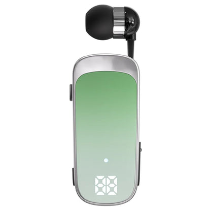 Silver-framed k65 lavalier business bluetooth earbud with led digital display and black silicone tip noice cancelling wireless
