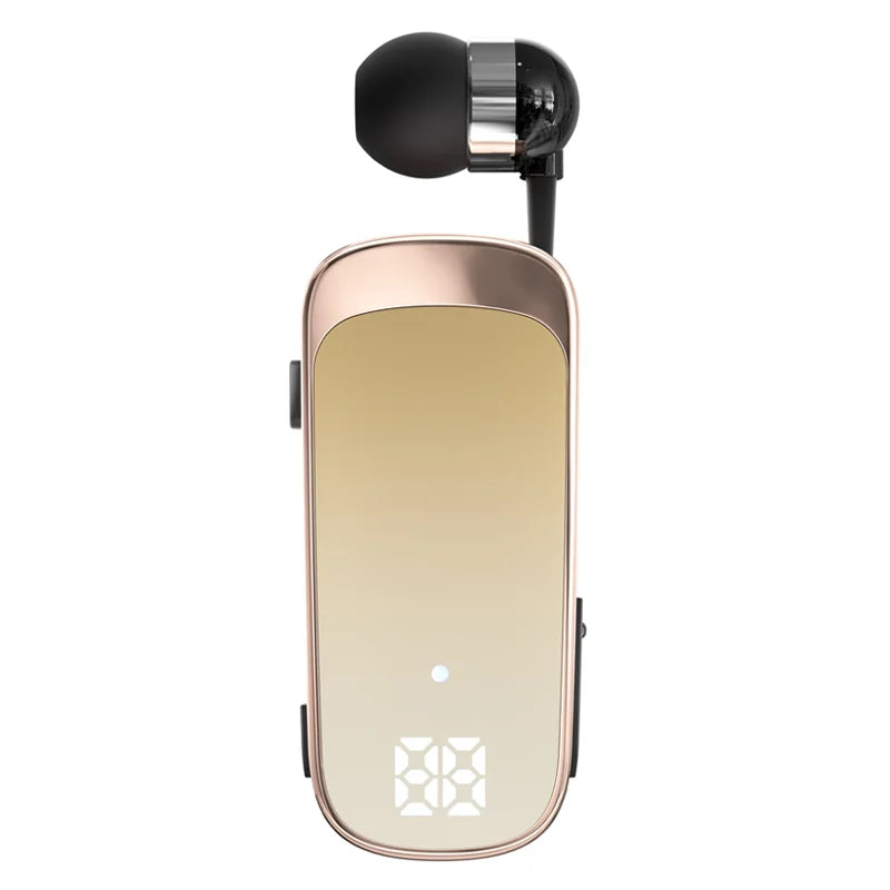 Rose gold gradient wireless earbud clip with black silicone tip and metallic accent for noice cancelling wireless business bluetooth headset with led digital display