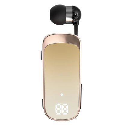 Rose gold gradient wireless earbud clip with black silicone tip and metallic accent for noice cancelling wireless business bluetooth headset with led digital display