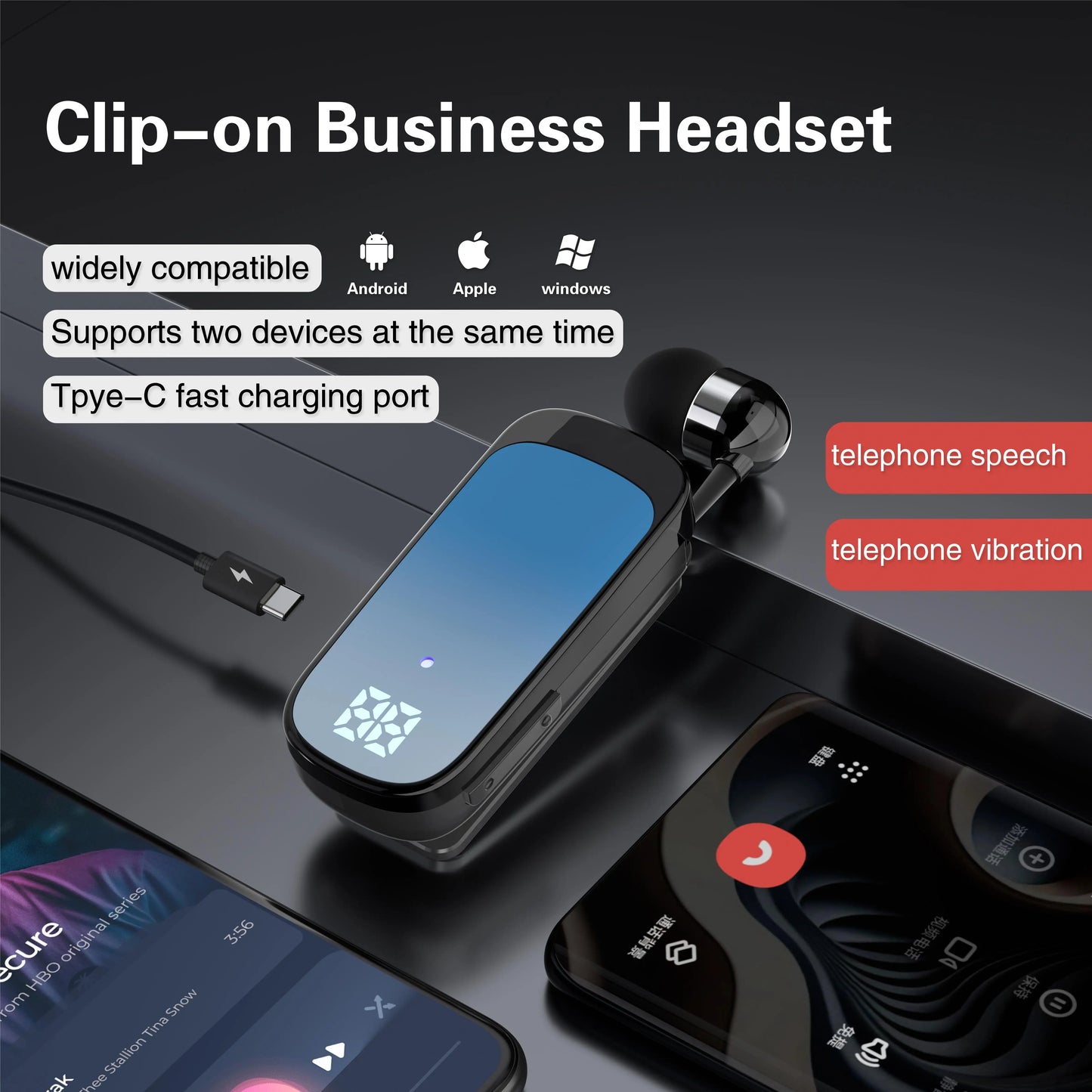 Black k65 lavalier business bluetooth headset with noise cancelling wireless feature and blue led digital display