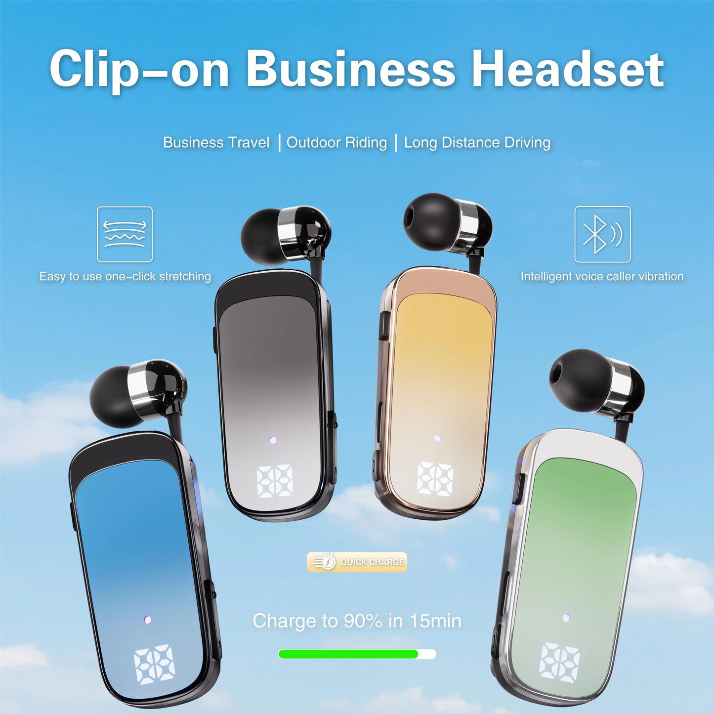 Clip-on business bluetooth headset with sleek gradient body black earpieces led digital display noice cancelling wireless