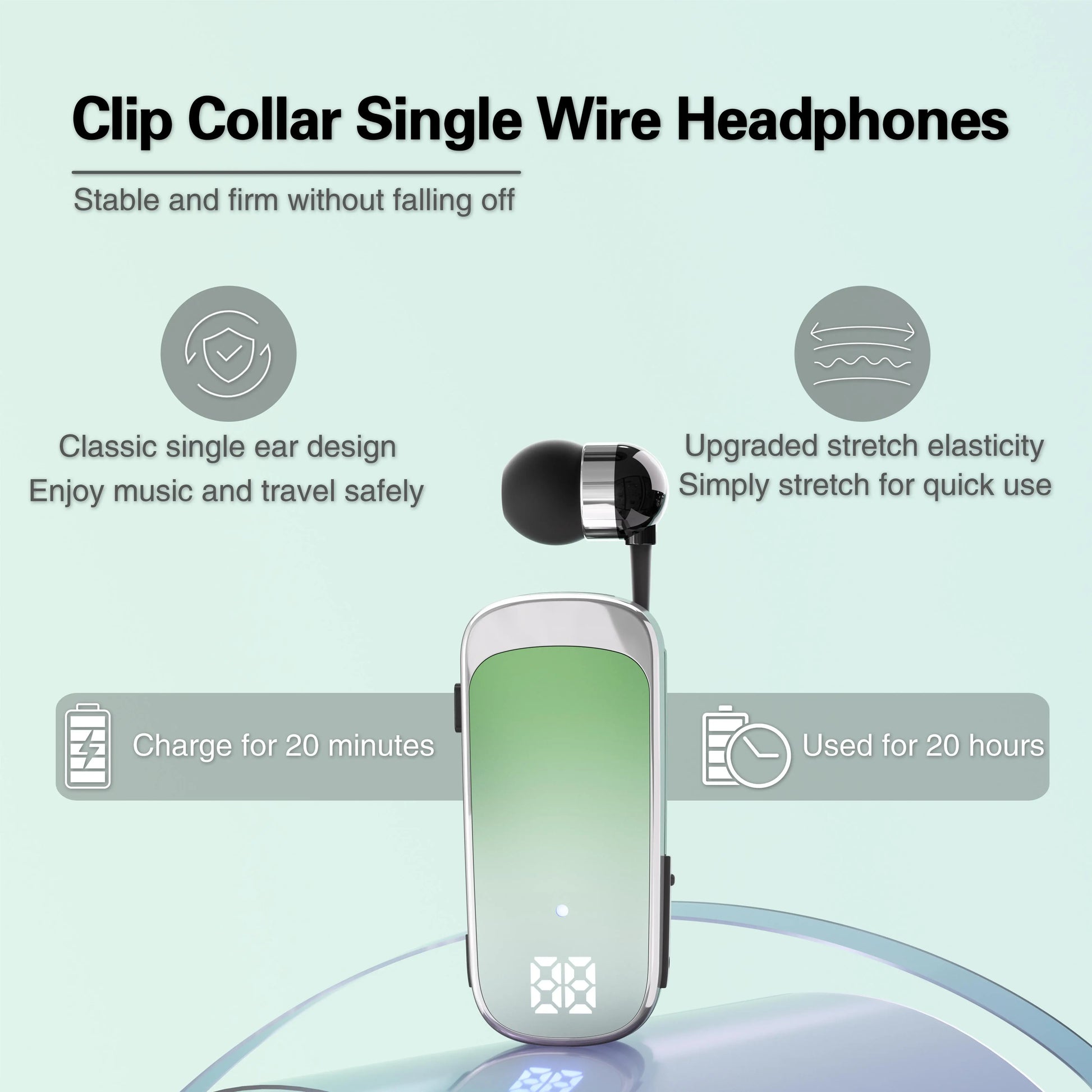 Silver and green gradient clip collar single wire noice cancelling wireless business bluetooth earphones with led digital display