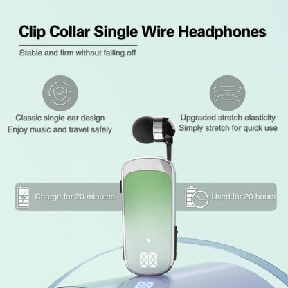 Silver and green gradient clip collar single wire noice cancelling wireless business bluetooth earphones with led digital display